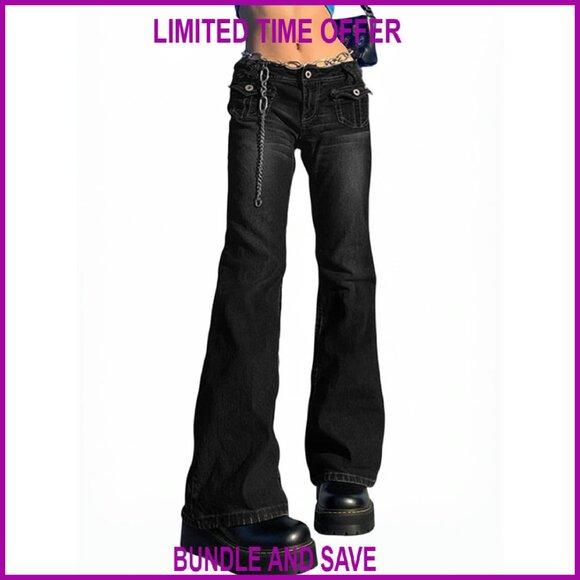 Stretch Flare Denim Pants Mid-High Waist Lace-Up Bow Vintage Y2K Style
